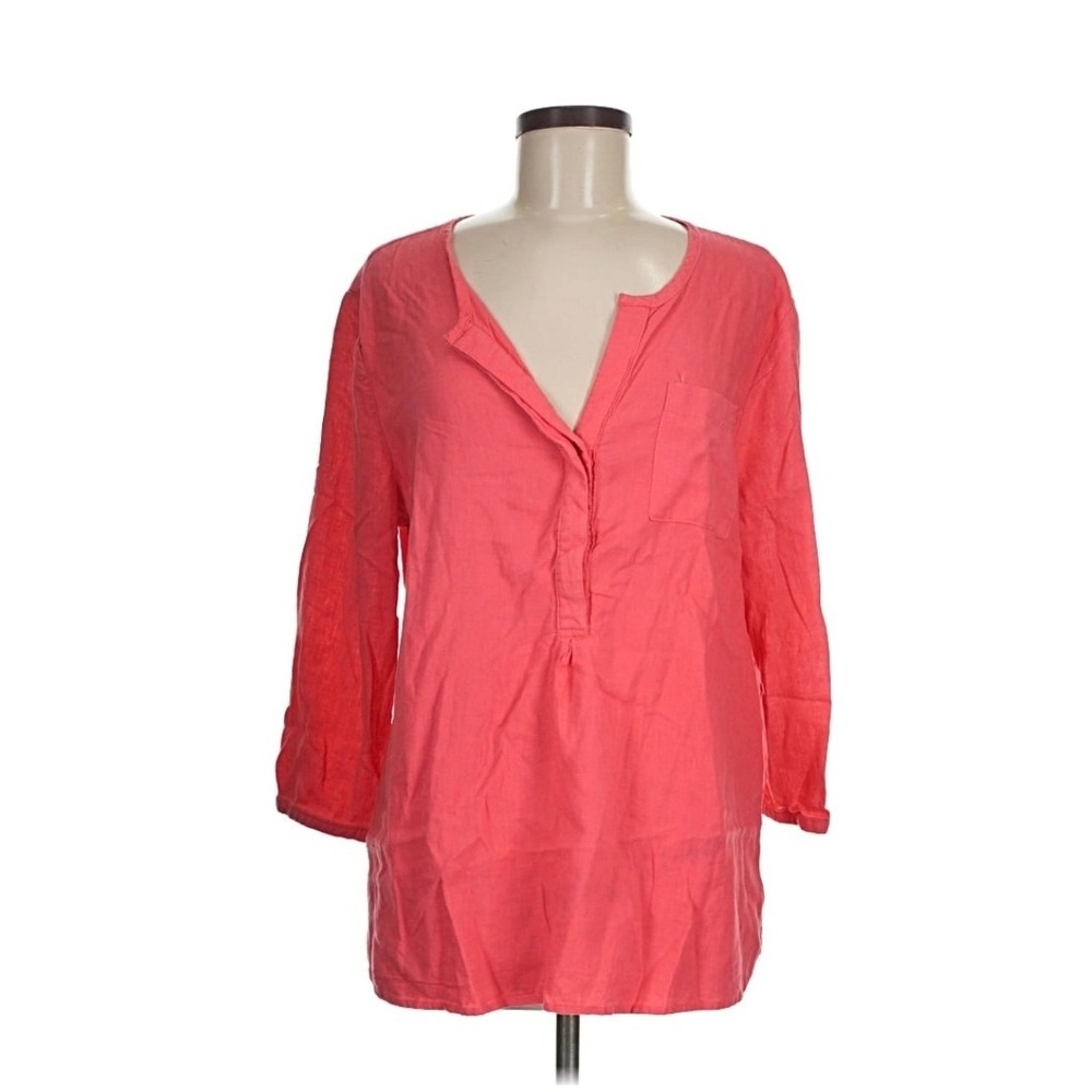 Kenar Women Coral Pink Linen Tunic Top Split Neck Long Sleeve Blouse Medium